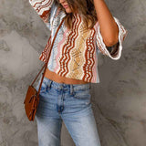    Multicolor-Womens-Plus-Size-Argyle-Print-Short-Sleeve-Vintage-Pullover-Sweater-K125-Front