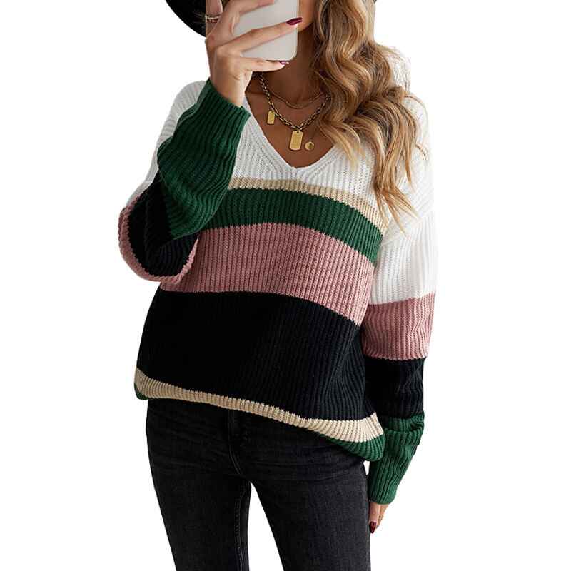    Olive-Green-Womens-Sweaters-Long-Sleeve-V-Neck-Striped-Color-Block-Pullover-Casual-Loose-Knitted-Tops-K133