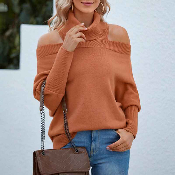 Orange-Cold-Shoulder-Long-Sleeve-Sweater-Halter-Neck-Backless-Loose-Sweater-Tops-K263-Front
