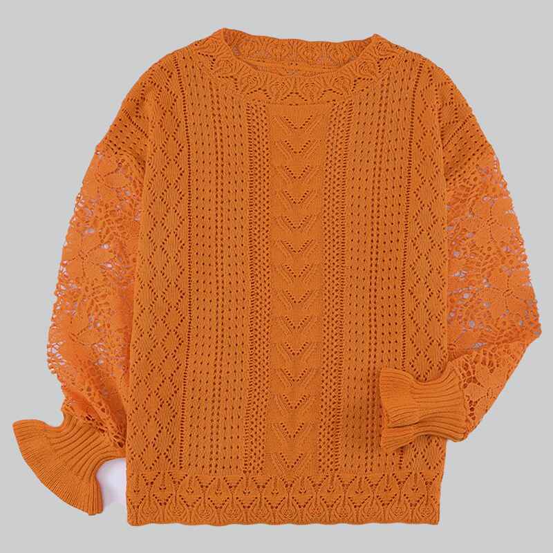 Orange-Long-Sleeve-Hollow-Out-Sweater-Casual-Cute-Crochet-Lace-Pointelle-Knit-Pullover-Crew-Neck-Loose-Blouses-for-Women-K126