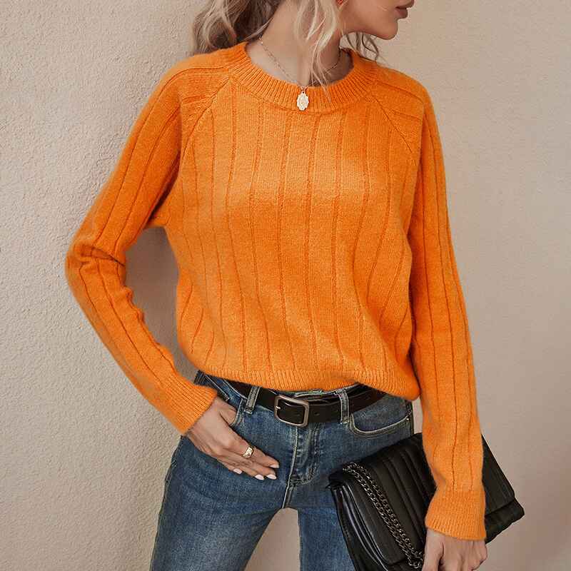 Orange-Purple-Womens-Fine-Gauge-Stretch-Crewneck-Pullover-Sweater-K375