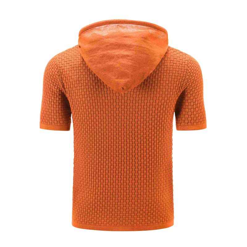 Orange-Red-Mens-Hooded-Sweatshirt-Short-Sleeve-Solid-Knitted-Hoodie-Pullover-Sweater-G081-Back