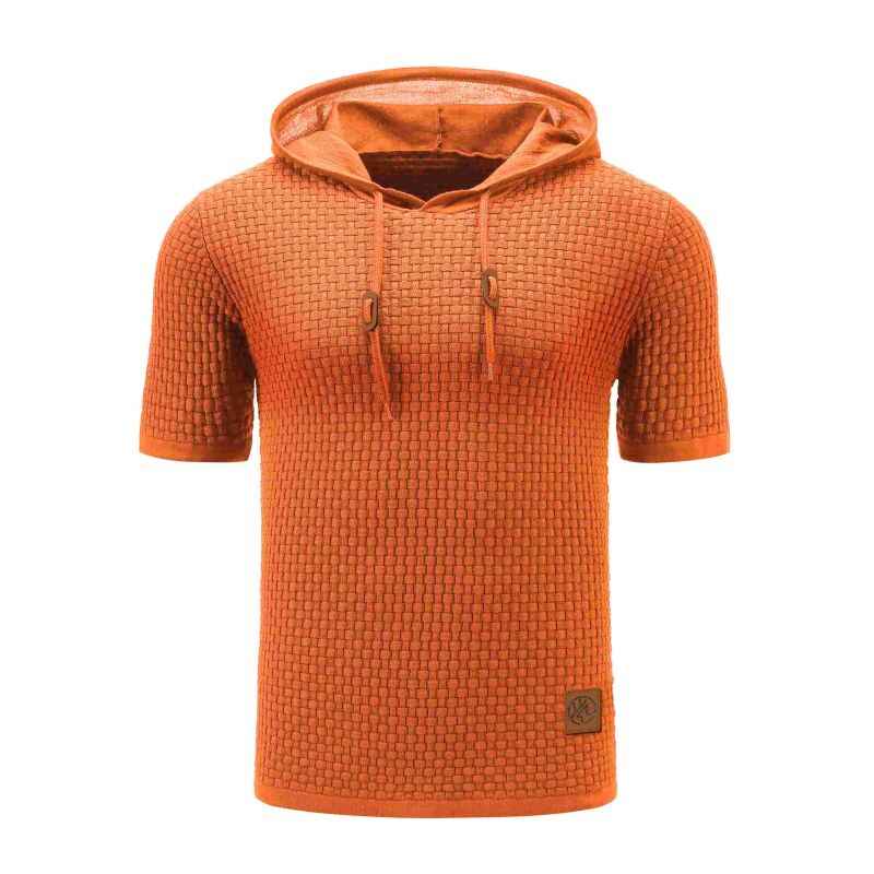 Orange-Red-Mens-Hooded-Sweatshirt-Short-Sleeve-Solid-Knitted-Hoodie-Pullover-Sweater-G081-Front