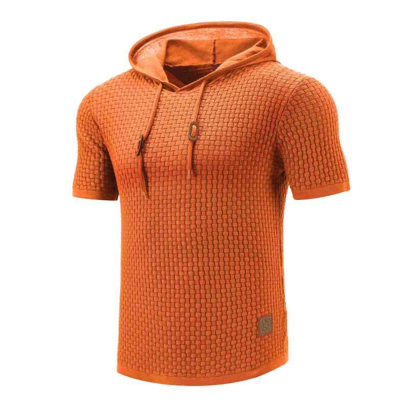 Orange-Red-Mens-Hooded-Sweatshirt-Short-Sleeve-Solid-Knitted-Hoodie-Pullover-Sweater-G081-Side