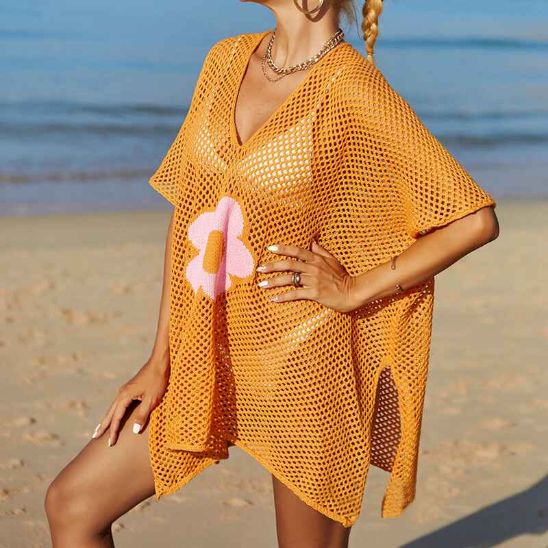 Orange-Side-Women-Casual-Bikini-Swimsuit-Cover-Up-Blouses-Beach-Tunic-Dress-One-Size