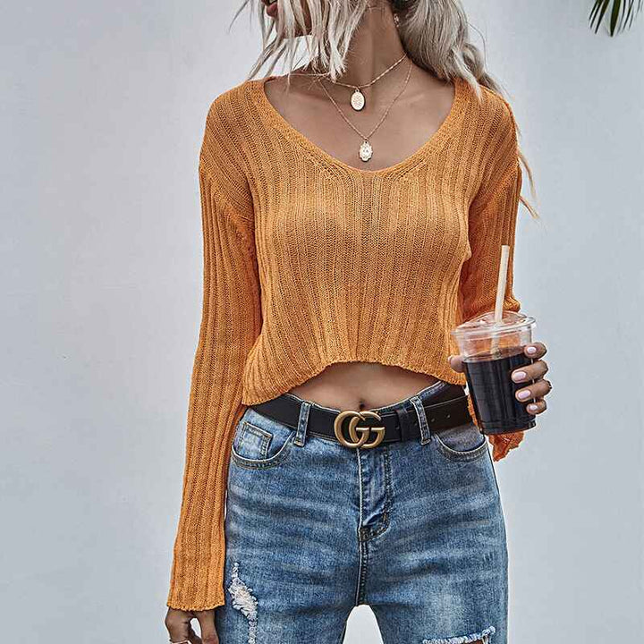 Orange-Women-Sexy-V-Neck-Semi-Sheer-Long-Sleeve-Shirts-Cool-Pullover-Tops-K300-Front