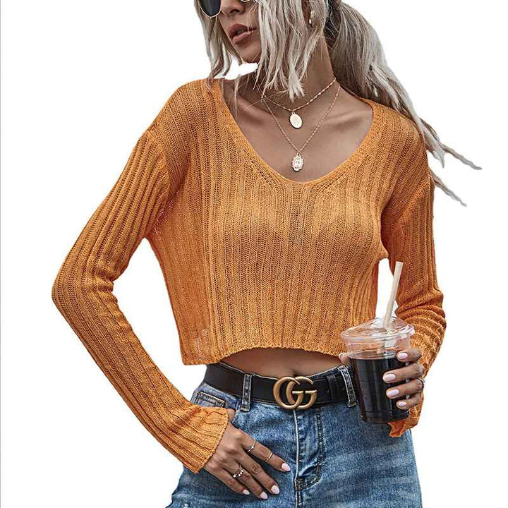 Orange-Women-Sexy-V-Neck-Semi-Sheer-Long-Sleeve-Shirts-Cool-Pullover-Tops-K300