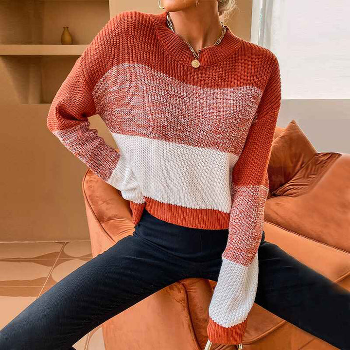 Orange-Womens-Crew-Neck-Long-Sleeve-Color-Block-Knit-Sweater-Casual-Pullover-Jumper-Tops-K333-Front