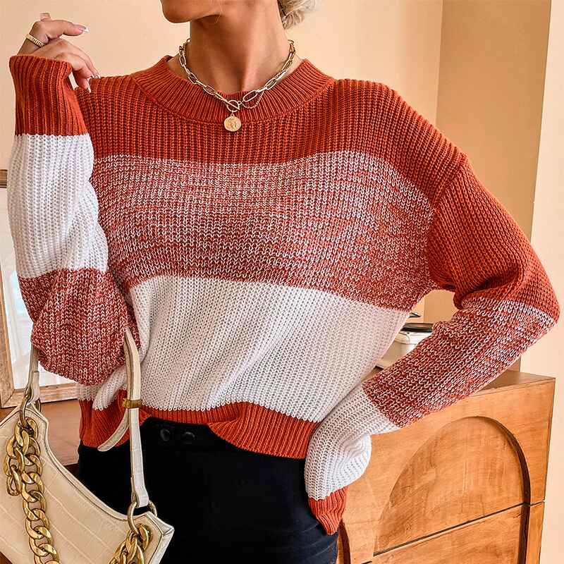 Orange-Womens-Crew-Neck-Long-Sleeve-Color-Block-Knit-Sweater-Casual-Pullover-Jumper-Tops-K333-Side