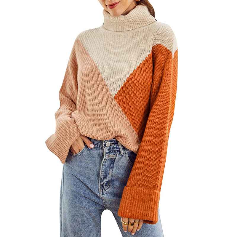 Orange-Womens-Long-Sleeve-Turtleneck-Sweater-Knit-Pullover-Casual-Sweater-K042