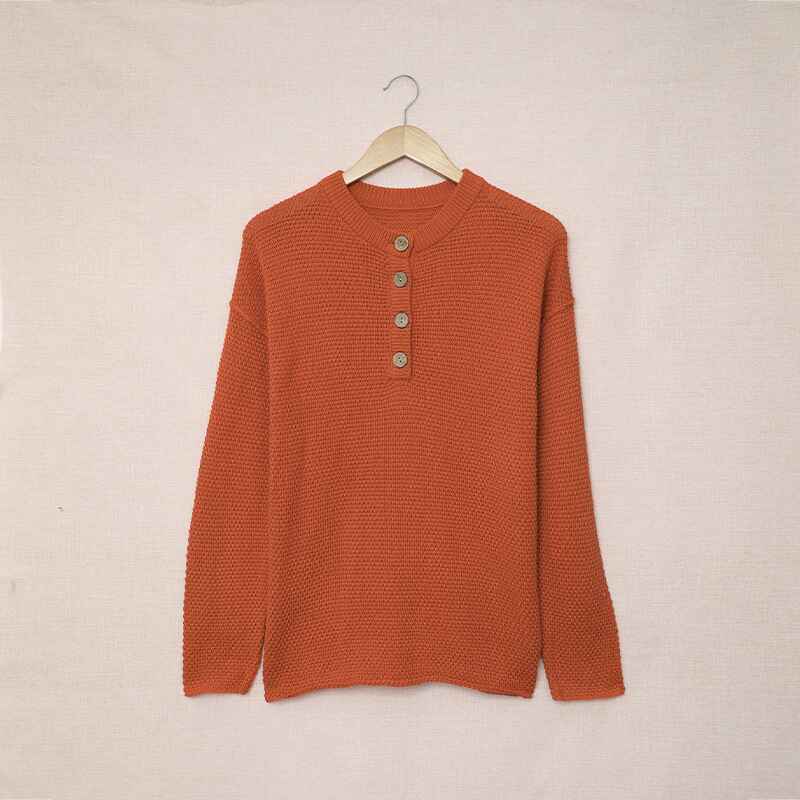 Orange-Womens-Waffle-Knit-V-Neck-Sweater-Casual-Long-Sleeve-Side-Slit-Button-Henley-Pullover-Jumper-Top-K189