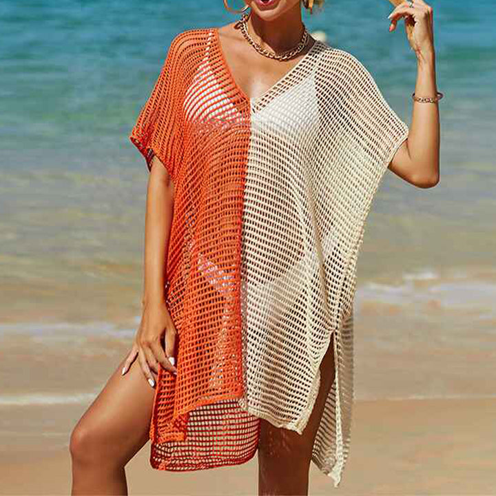     Orange-Yellow-Swimsuit-Cover-Ups-for-Women-V-Neck-Hollow-Out-Swim-Coverup-Crochet-Chiffon-Summer-Beach-Cover-Up-Dress