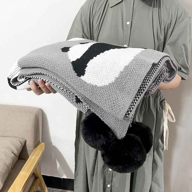 Panda-Printed-Textured-Throw-Blanket-Solid-Soft-for-Sofa-Couch-Decorative-Knitted-Blanket-Detail-image
