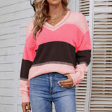 Pink--Womens-Casual-Long-Sleeve-Knit-Sweater-V-Neck-Striped-Pullover-Jumper-Tops-K274
