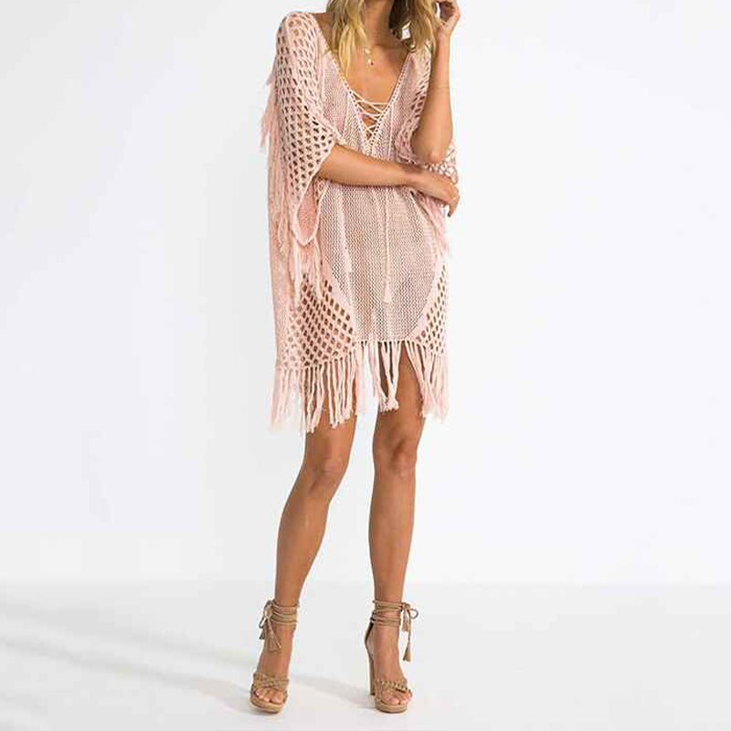   Pink-Beach-Swimsuit-for-Women-Sleeve-Coverups-Bikini-Cover-Up-Lace-up-Net-Front-1