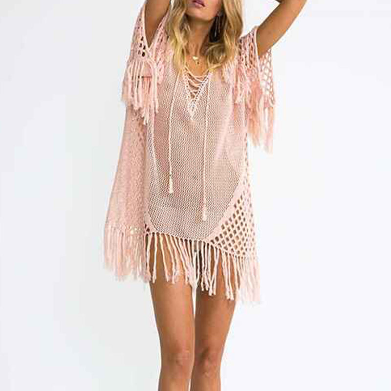Pink-Beach-Swimsuit-for-Women-Sleeve-Coverups-Bikini-Cover-Up-Lace-up-Net-Front-2