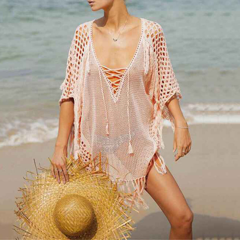 Pink-Beach-Swimsuit-for-Women-Sleeve-Coverups-Bikini-Cover-Up-Lace-up-Net