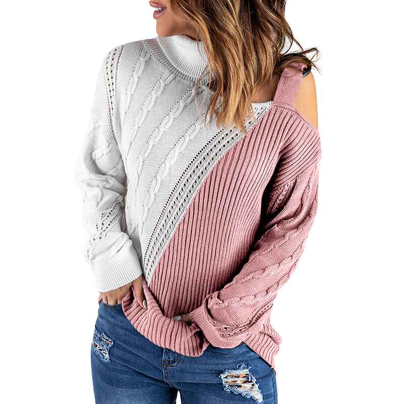 Pink-Color-Matching-Womens-Long-Sleeve-Cold-Shoulder-Turtleneck-Knit-Sweater-Tops-Pullover-Casual-Loose-Jumper-Sweaters-K195
