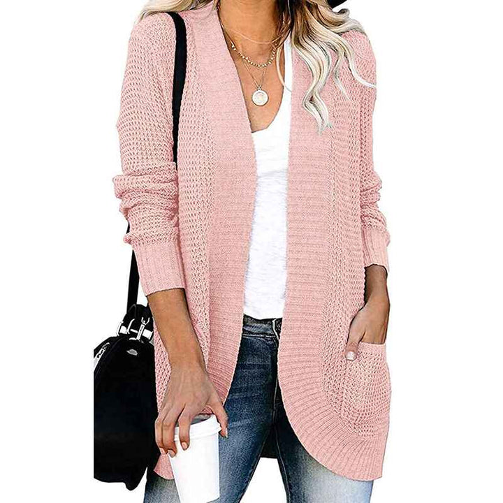Pink-FallWinterWomens-Open-Front-Long-Sleeve-Loose-Slouchy-Waffle-Chunky-Knit-Cardigan-Sweater-with-Pockets-K026