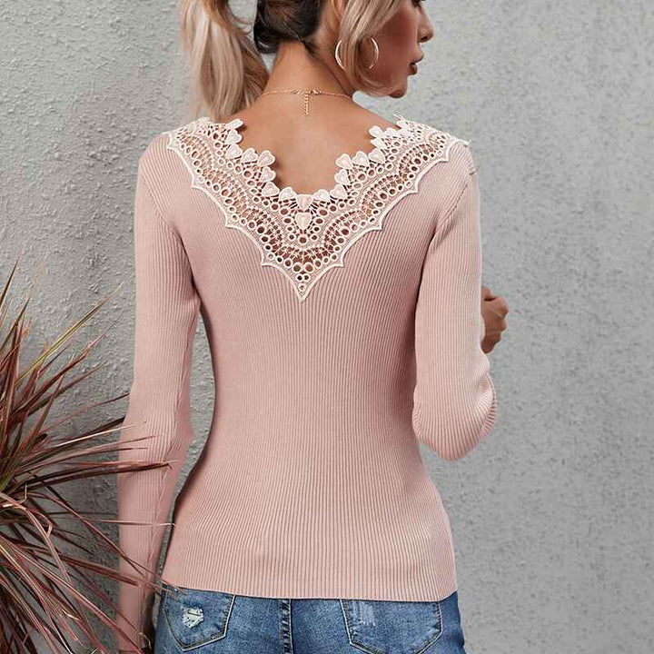    Pink-Sweaters-for-Women-Lace-V-Neck-Long-Sleeve-Tunic-Tops-for-Leggings-Fall-Fashion-K319-Back