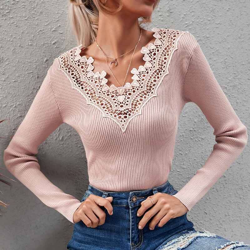 Pink-Sweaters-for-Women-Lace-V-Neck-Long-Sleeve-Tunic-Tops-for-Leggings-Fall-Fashion-K319-Front-2