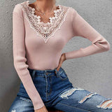     Pink-Sweaters-for-Women-Lace-V-Neck-Long-Sleeve-Tunic-Tops-for-Leggings-Fall-Fashion-K319-Front