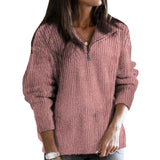 Pink-Womens-1-4-Zipper-Long-Sleeve-V-Neck-Collar-Casual-Oversized-Ribbed-Knit-Pullover-Tunic-Sweater-K190