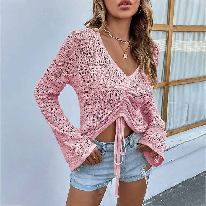 Pink-Womens-Boho-Off-Shoulder-Sheer-Crop-Tops-Bell-Sleeve-Flowy-Oversized-Crochet-Ruched-Pullover-Sweaters-K215