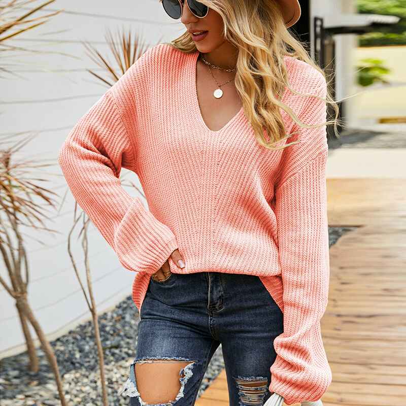 Pink-Womens-Casual-Knitwear-Pullover-Sweater-Soild-Color-V-Neck-Loose-Long-Sleeve-Knit-Jumper-Tops-K444