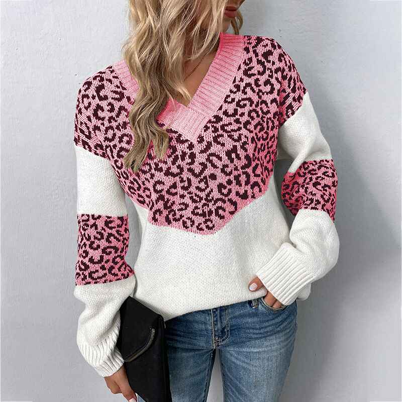 Pink-Womens-Casual-Long-Sleeve-Off-Shoulder-Knitted-Sweater-Leopard-Print-Color-Block-Loose-Pullover-Tops-K250