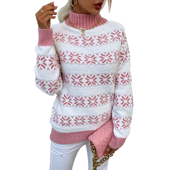 Pink-Womens-Christmas-Snowflake-Sweater-Turtleneck-Vintage-Holiday-Knit-Sweater-Pullover-Patchwork-Knitting-Sweaters-K259