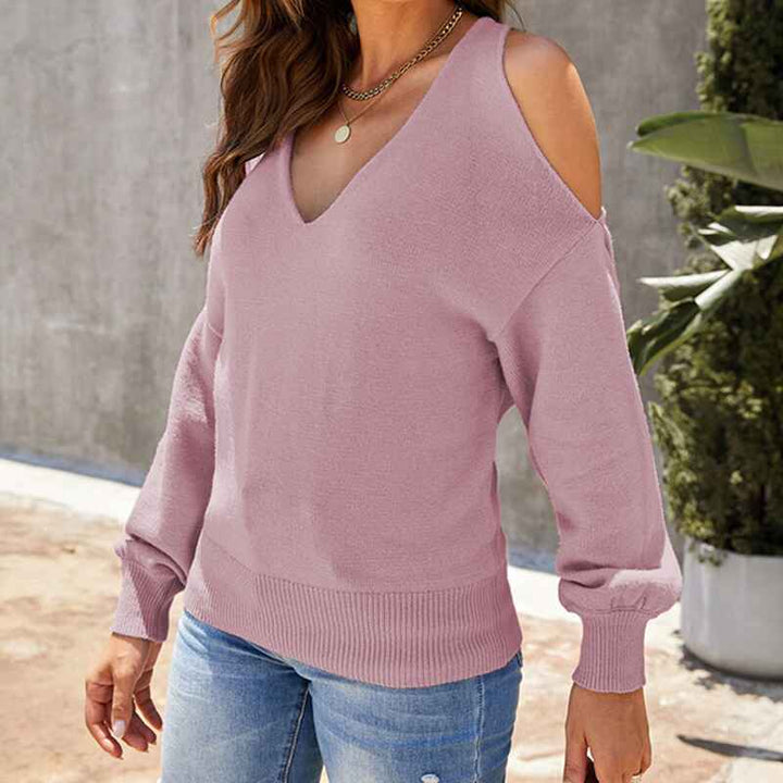 Pink-Womens-Cold-Shoulder-V-Neck-Sweater-Slim-Cutout-Long-Sleeve-Pullover-Ribbed-Knit-Tops-K161-Front