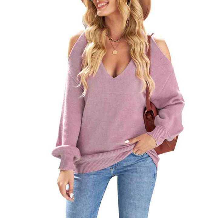 Pink-Womens-Cold-Shoulder-V-Neck-Sweater-Slim-Cutout-Long-Sleeve-Pullover-Ribbed-Knit-Tops-K161