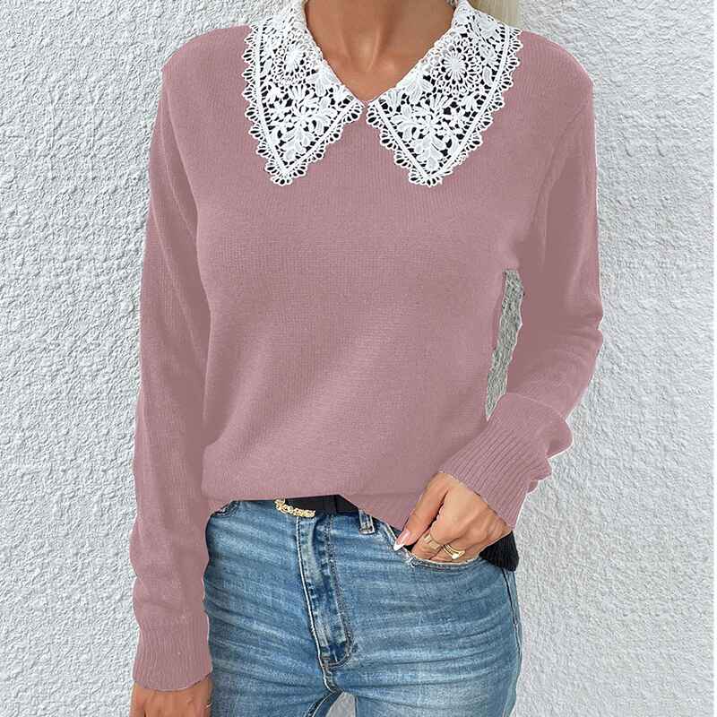    Pink-Womens-Collared-Knit-Sweater-V-Neck-Long-Sleeve-Loose-Fit-Oversized-Pullover-Tops-K314