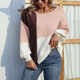     Pink-Womens-Color-Block-Sweater-Round-Neck-Long-Sleeve-Loose-Pullover-Casual-Sweaters-Top-K258