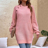 Pink-Womens-Crew-Neck-Long-Sleeve-Knit-Stretchable-Elasticity-Slim-Sweater-Bodycon-Mini-Sweater-Dress-K434-Front
