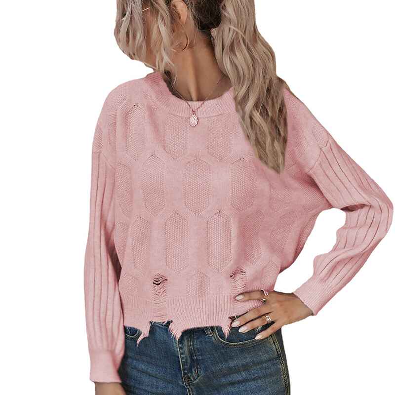     Pink-Womens-Crew-Neck-Loose-Knitted-Sweater-Long-Sleeve-Ripped-Jumper-Pullover-Crop-Top-Sweaters-K376