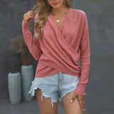 Pink-Womens-Deep-V-Neck-Wrap-Sweaters-Long-Sleeve-Crochet-Knit-Pullover-Tops-K196-tops-Front