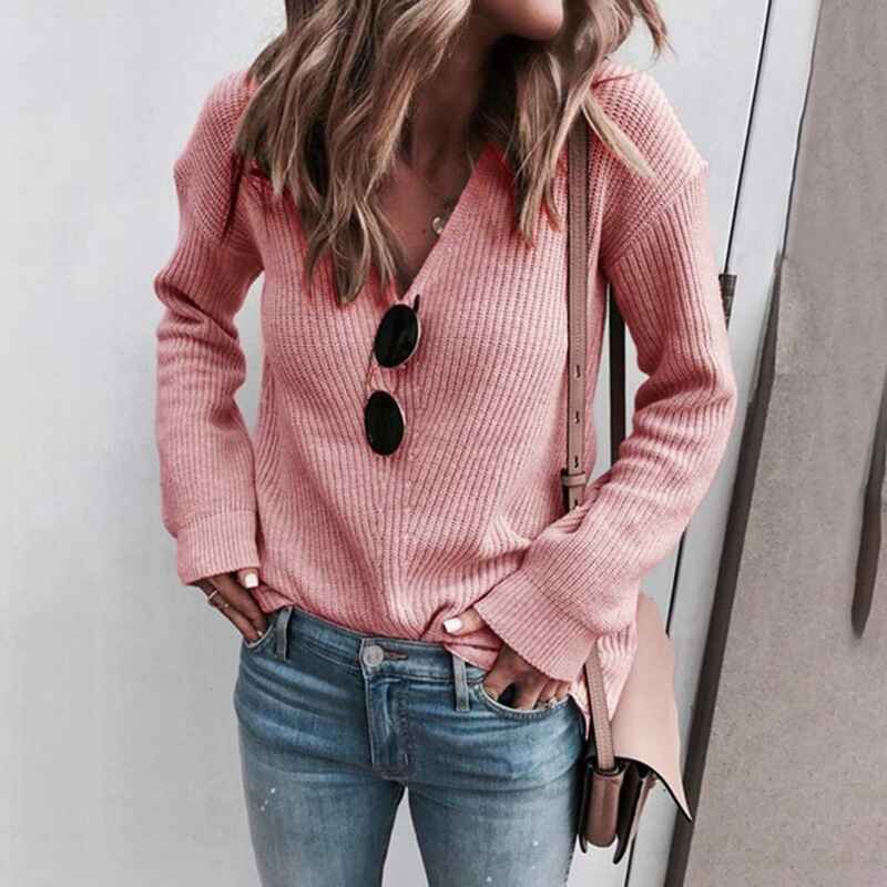 Pink-Womens-Everyday-Soft-Blend-Thermal-Long-Sleeve-V-Neck-Sweater-k019