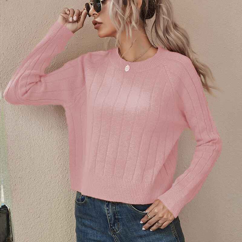     Pink-Womens-Fine-Gauge-Stretch-Crewneck-Pullover-Sweater-K375