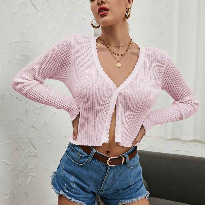 Pink-Womens-Long-Sleeve-Cropped-Cardigan-V-Neck-Solid-Button-Down-Knit-Bolero-Shrugs-K290