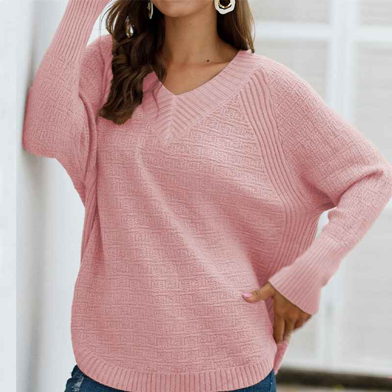 Pink-Womens-Long-Sleeve-Knit-Sweater-Side-Button-Pullover-V-Neck-Mid-Length-Tunic-Jumper-Sweater-K364