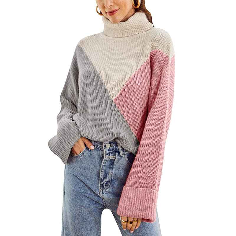 Pink-Womens-Long-Sleeve-Turtleneck-Sweater-Knit-Pullover-Casual-Sweater-K042