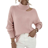 Pink-Womens-Loose-Warm-Off-Shoulder-Turtleneck-Lightweight-Soft-Pullover-Cutout-Long-Sleeve-Jumper-Sweaters-K455