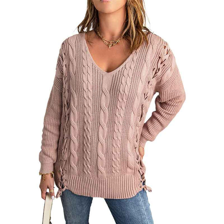     Pink-Womens-Off-Shoulder-Long-Sleeve-V-Neck-Ribbed-Cable-Pullover-Sweaters-Loose-Fitting-Jumper-Tops-K181