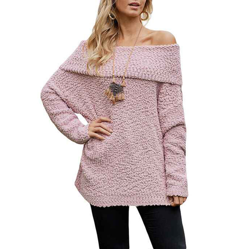 Pink-Womens-Off-The-Shoulder-Sweaters-Oversized-Pullover-Knit-Jumpers-Tunic-Tops-K194