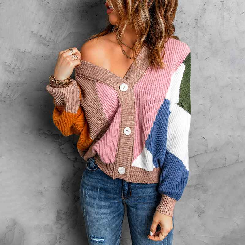 Pink-Womens-Open-Front-Color-Block-Cardigans-Long-Sleeve-Knit-Cardigan-Sweater-K107-Front