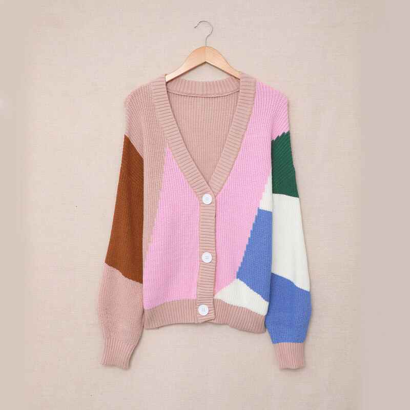 Pink-Womens-Open-Front-Color-Block-Cardigans-Long-Sleeve-Knit-Cardigan-Sweater-K107