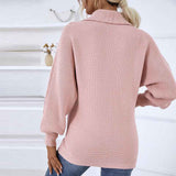 Pink-Womens-Overized-Puff-Long-Sleeve-V-Neck-Knitted-Polo-Pullover-Sweater-Jumper-Tops-K452-Back