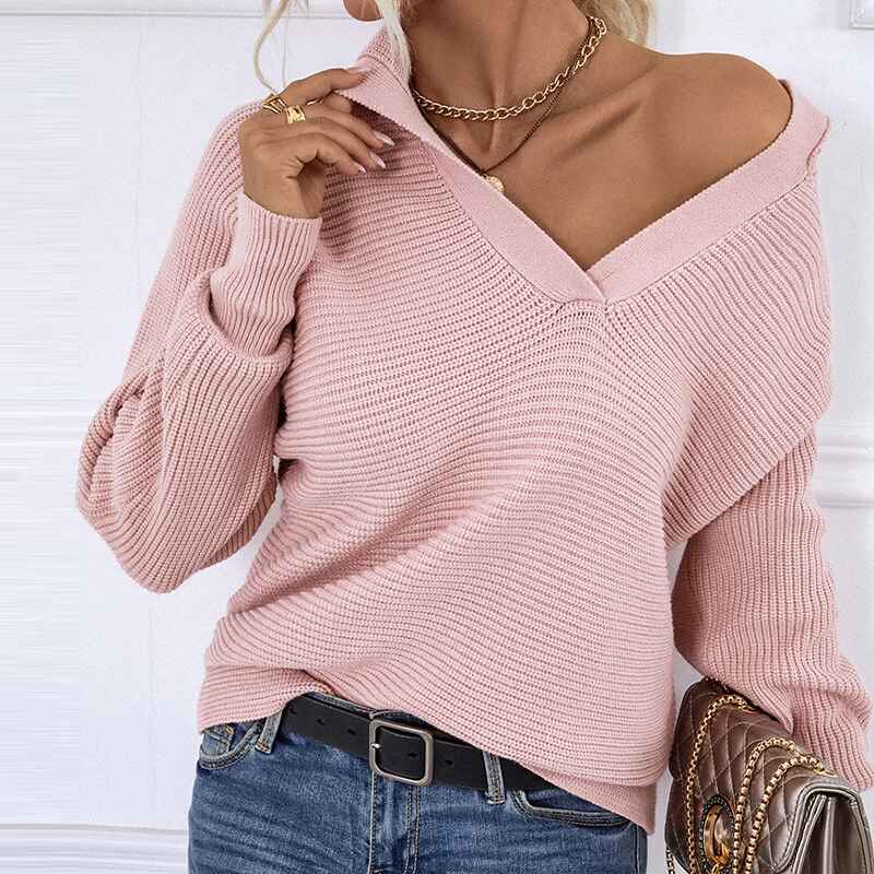 Pink-Womens-Overized-Puff-Long-Sleeve-V-Neck-Knitted-Polo-Pullover-Sweater-Jumper-Tops-K452-Front